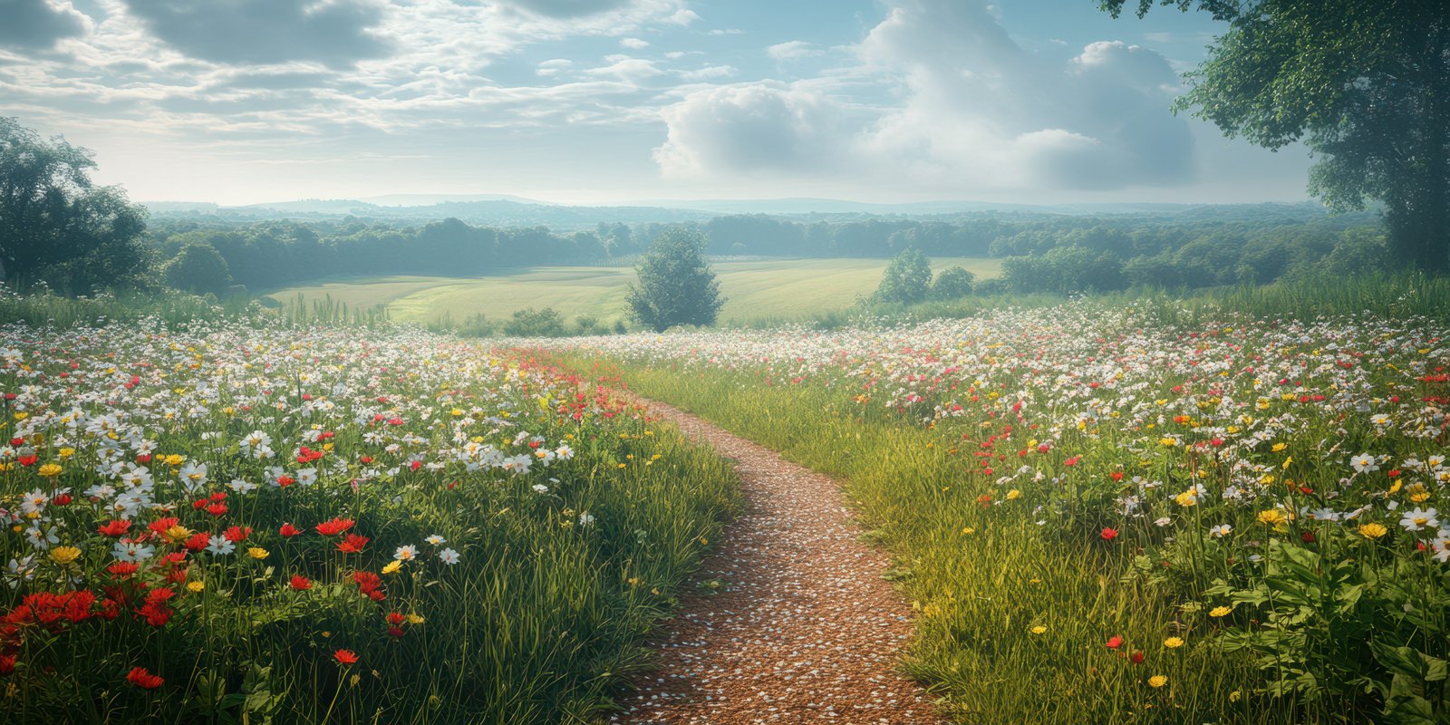 Scenic countryside path through vibrant wildflowers in springtime landscape with rolling hills